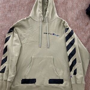 Off-White Champion Olive Duct Tape Hoodie with Black Accents